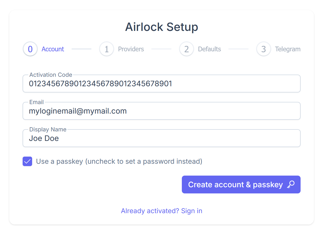 Airlock setup account page with activation code, administrator email, display name, and passkey option