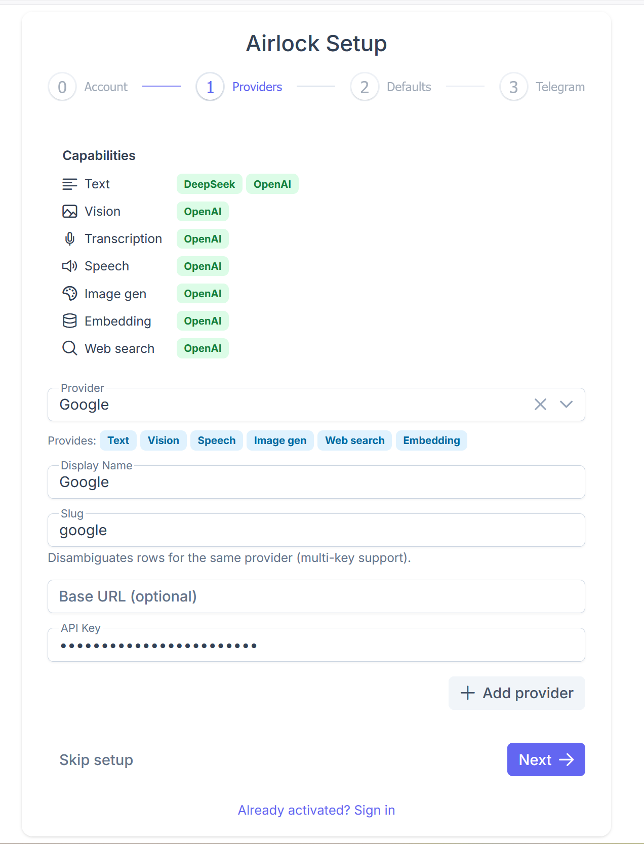 Airlock provider setup page showing provider capabilities and API key configuration