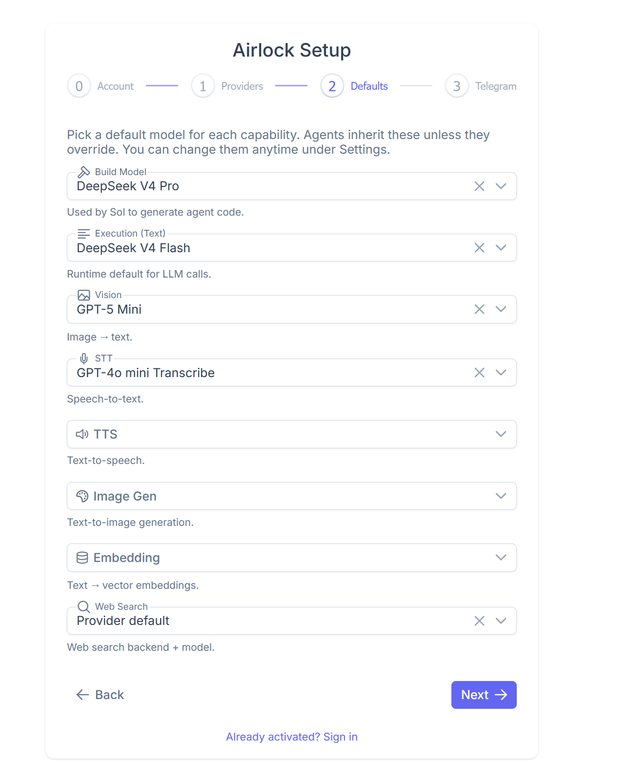 Airlock default model setup page with build, text, vision, speech, image generation, embeddings, and web search model selectors