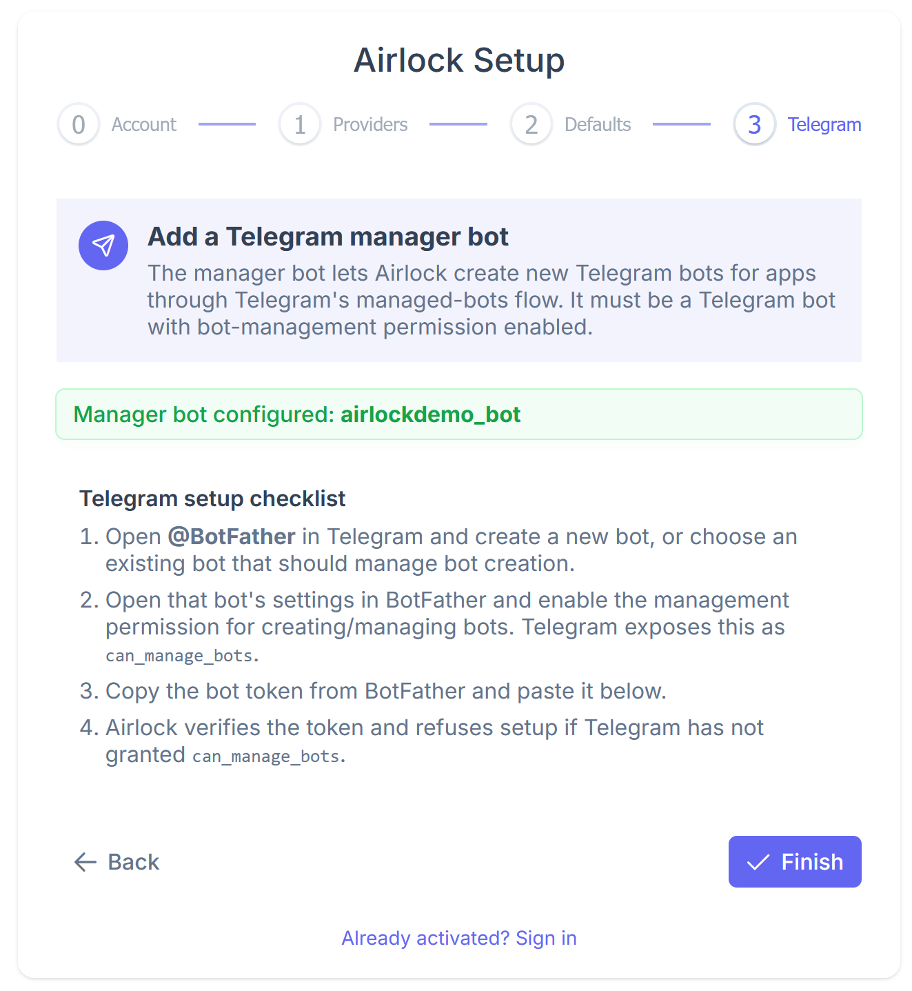 Airlock Telegram setup page describing the manager bot and its bot-management permission