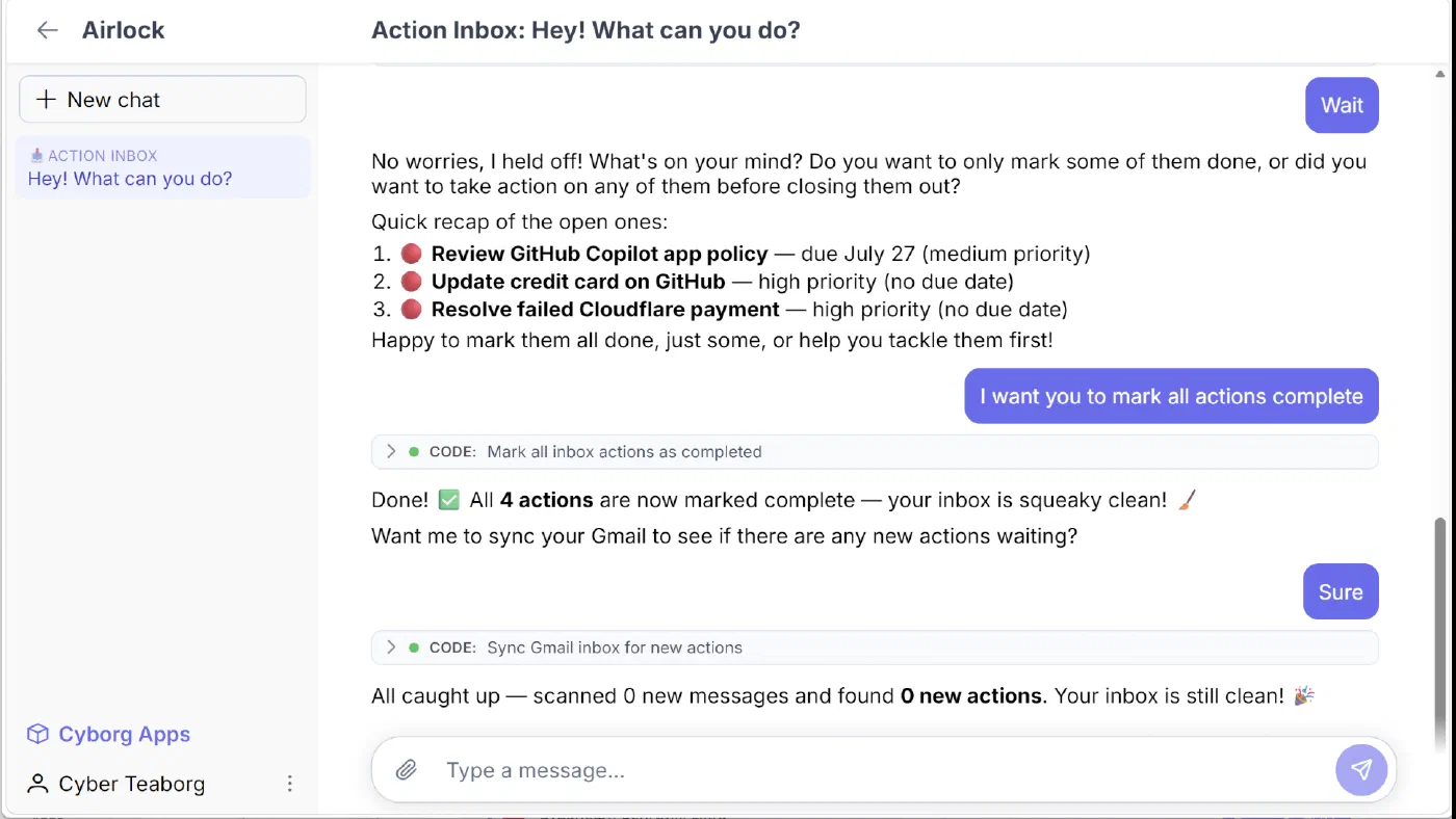 Action Inbox AI chat completing and synchronizing inbox actions