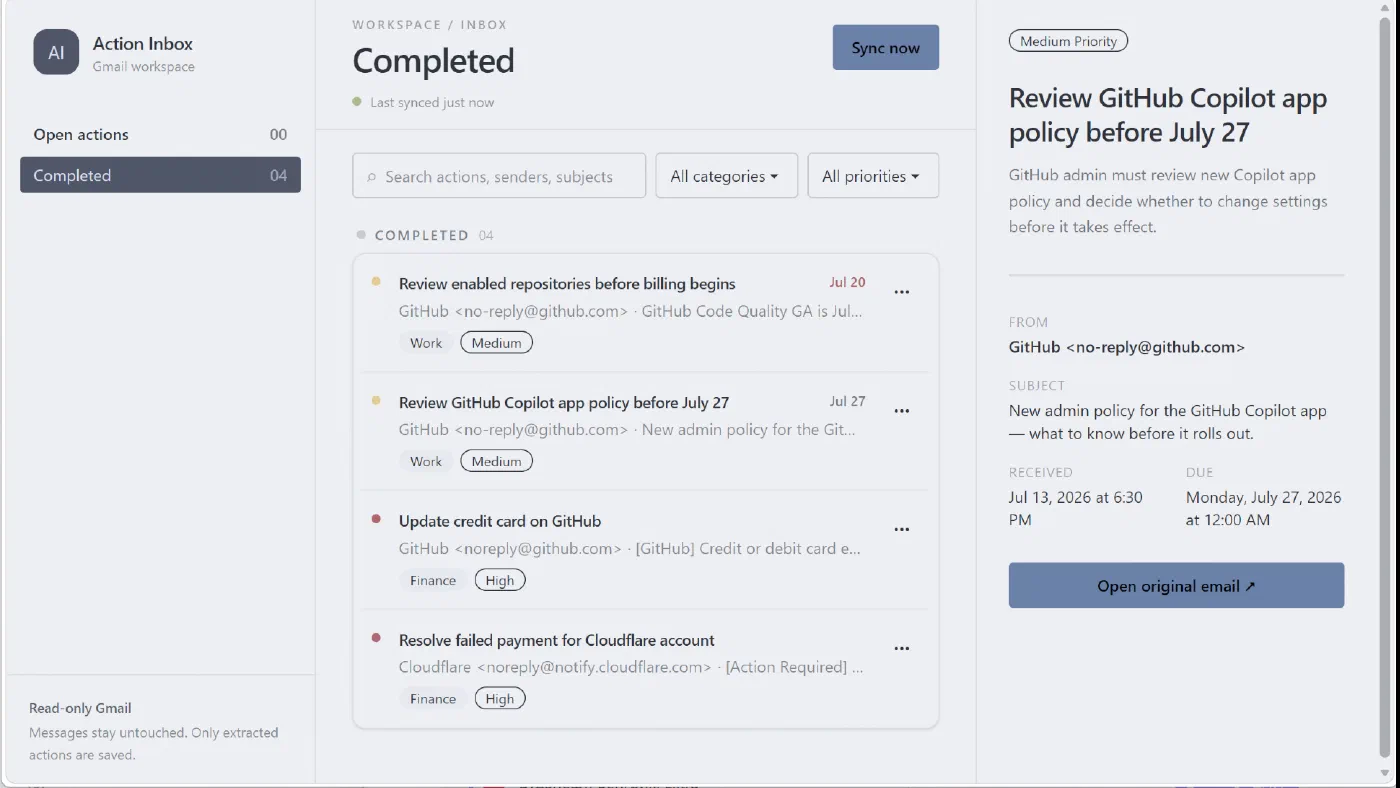 Action Inbox web interface showing completed actions extracted from Gmail