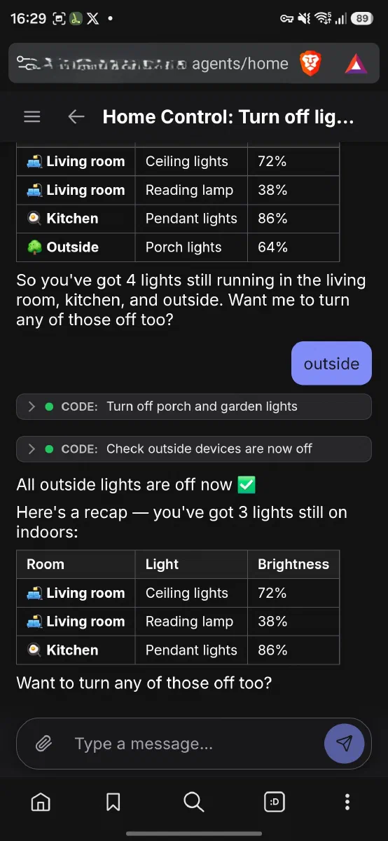 Home Control mobile AI chat turning off outside lights and reporting remaining devices