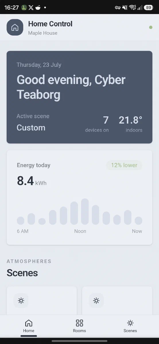 Home Control mobile web app with active scene, energy use, rooms, and scenes