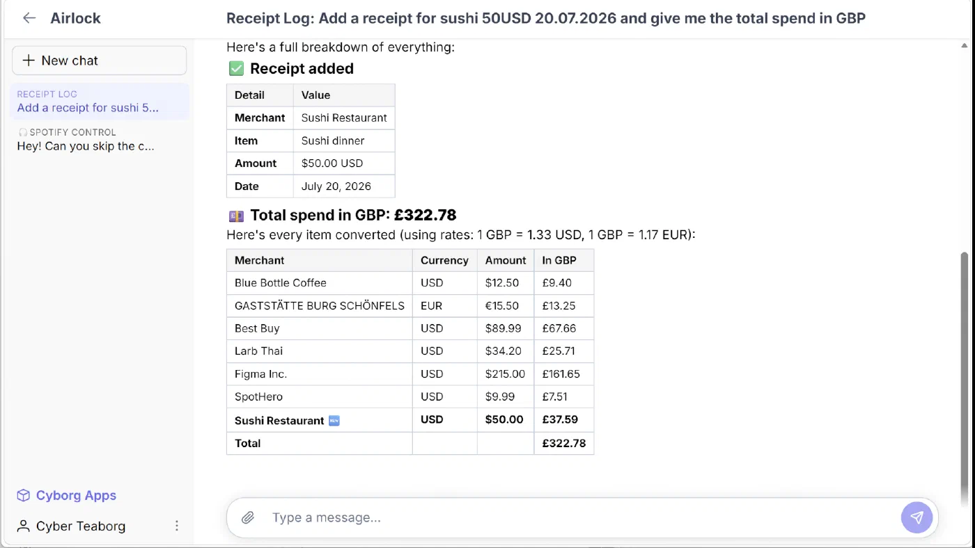 Receipt Log AI chat adding an expense and calculating totals across currencies