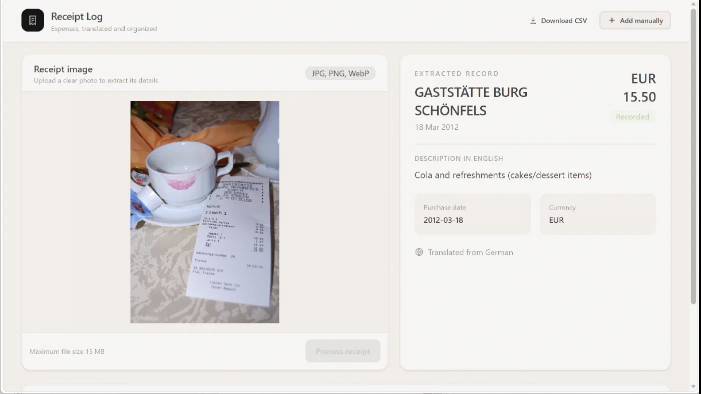 Receipt Log web interface extracting details from a photographed receipt