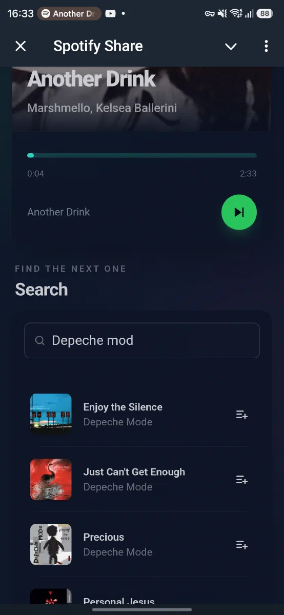 Spotify Share Telegram Mini App showing playback and song search