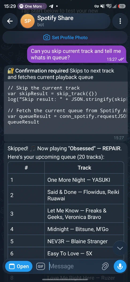 Spotify Share Telegram chat skipping a track and showing the upcoming queue